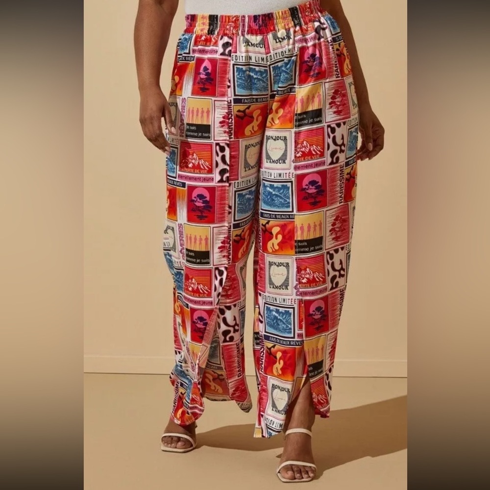 Ashley Stewart Womens Plus size 18/20 Front Split Magazine Satin Print Pants